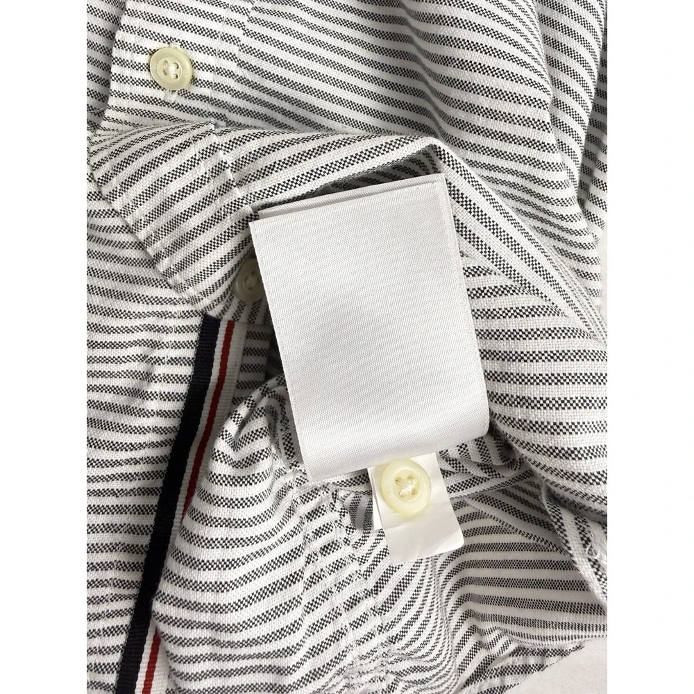 Banana Republic Oxford Shirt Mens Grey White Stripe Short Sleeve Pocket Cotton